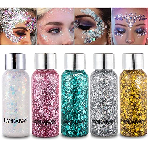 Prreal Body Glitter Gel, 5 Bottle Mermaid Sequins Chunky Glitter Liquid Gel kit, Long-Lasting Glitter Sequins Chunky Powder Gel for Festival Masquerade Birthday Makeup#White+Gold+Silver+pink+Green