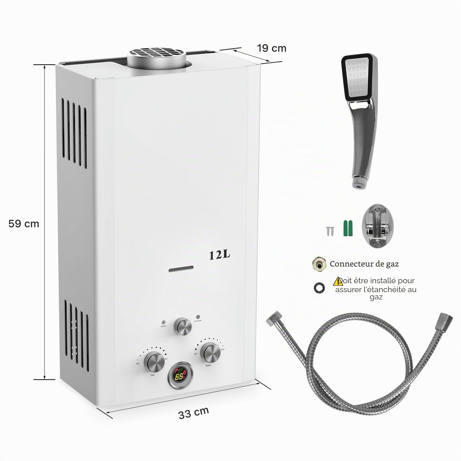 Xverycan Chauffe eau Gaz 12 LPM, 24 KW Chauffe eau Instantané GPL, Fonctionne dès 0,25 Bar de Basse Pression, Double Allumage, Mode Saison pour Économiser le Gaz, pour Maison et Camping Car