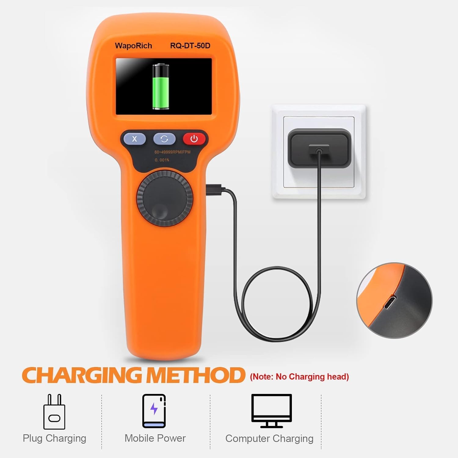 DT-50D stroboscope numérique à main sans contact 60-49999 tr/min LED haute précision rechargeable écran LCD pour machines à imprimer et filer Orange
