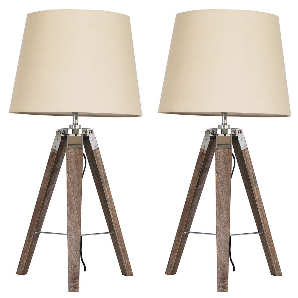 MiniSun | Modern Distressed Wood and Silver Chrome Tripod Table Lamps with Beige Tapered Light Shades | Home Décor, Bedside & Desk Lamp | Set of 2