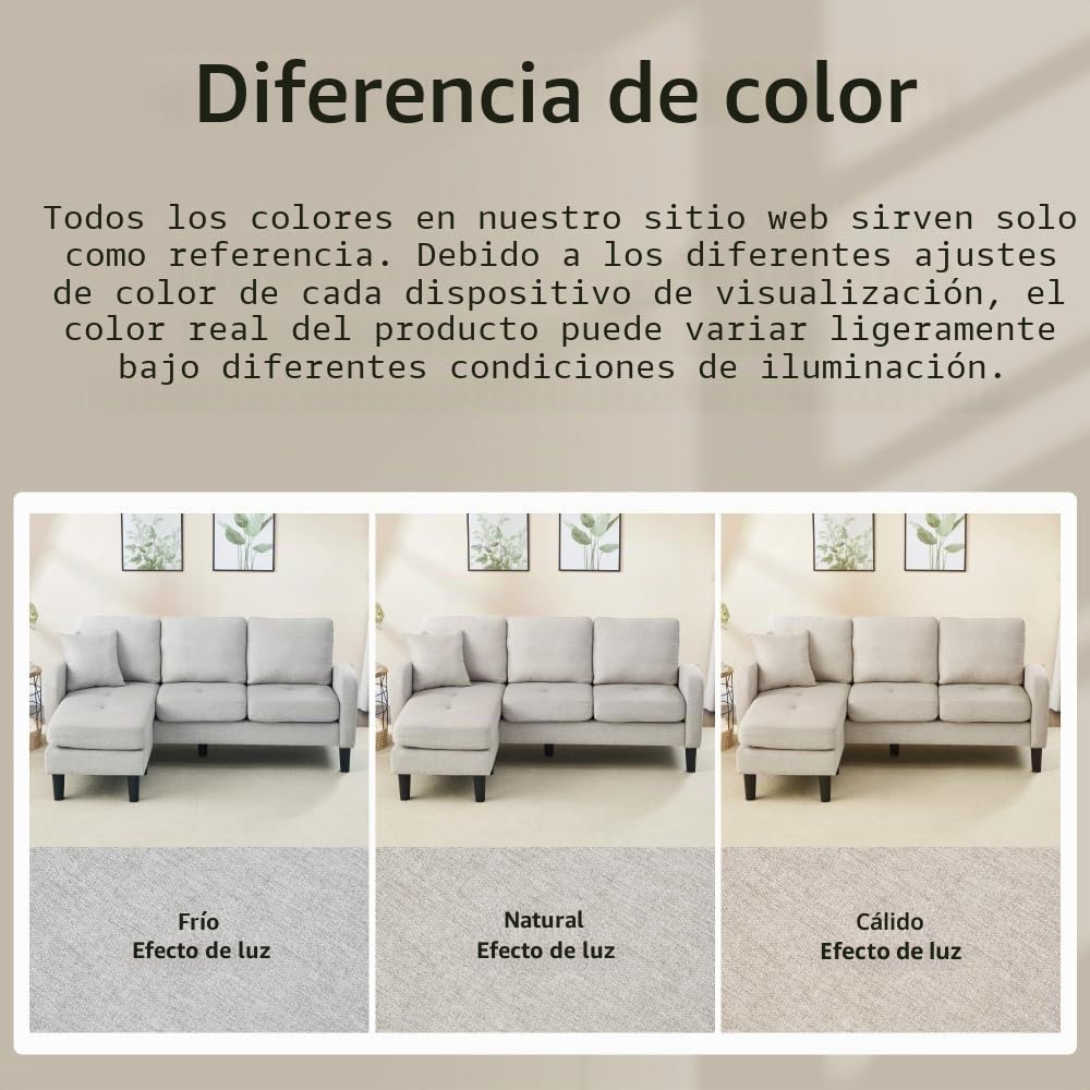 Sofá esquinero con chaise longue intercambiables, sofá de 2 a 3 plazas con 1 cojín, bolsillos laterales, sofá acolchado, patas para sillas de plástico, diseño modular, lino algodón, beige gris (166 x