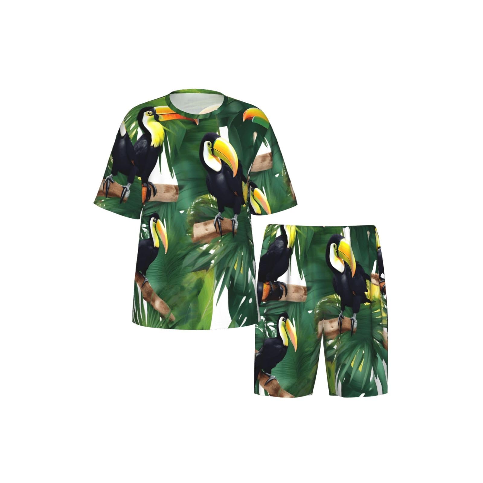 Conjunto de pijama clásico para hombre con estampado de hojas de loro, palmera, tucanes, pantalones cortos de pijama suaves para hombre, perfecto para las noches de verano