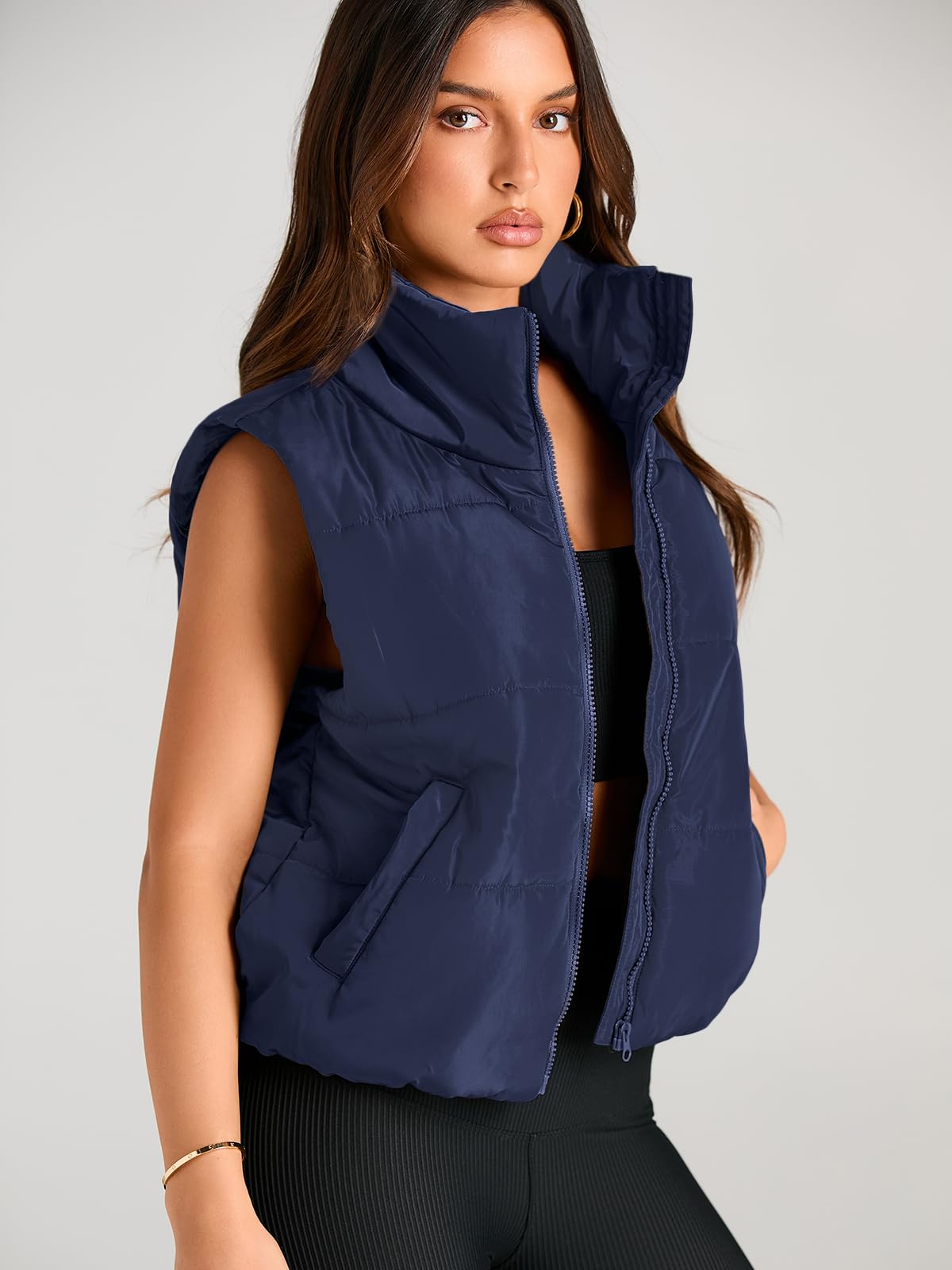 AUTOMET Puffer Vest Women Sleeveless Winter Cropped Outerwear Warm Puffer Lightweight Stand-up Collar Down with Pockets