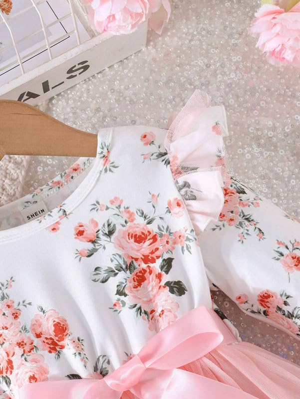 Image of Niren Enterprise 1019 Long Sleeve Printed Flower Belted Square Neck Baby Girl Frock with Knee-Length and A-Line Style