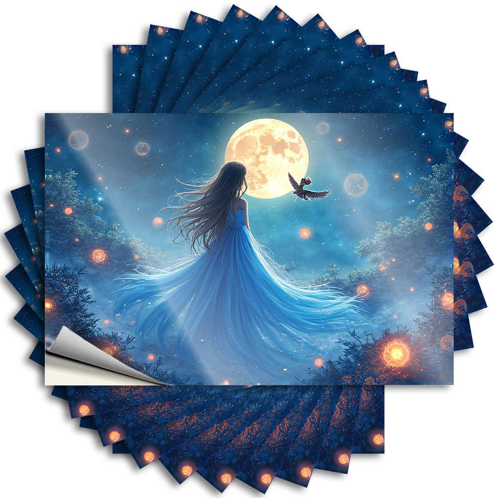Back Yard Decorations Lettering Sticker - Positive Adulting Water A Woman in A Blue Dress Gazes At A Full Moon(12X18CM)