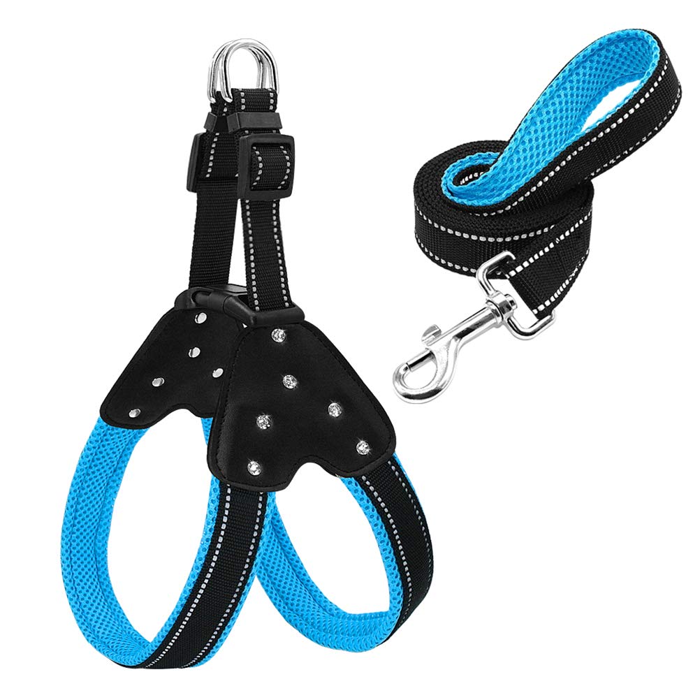DOILNXH Reflective Mesh Dog Harness and Leash Set Nylon Step in Rhinestone Pet Harnesses Leashes for Small Medium Dogs Pitbulls Blue M