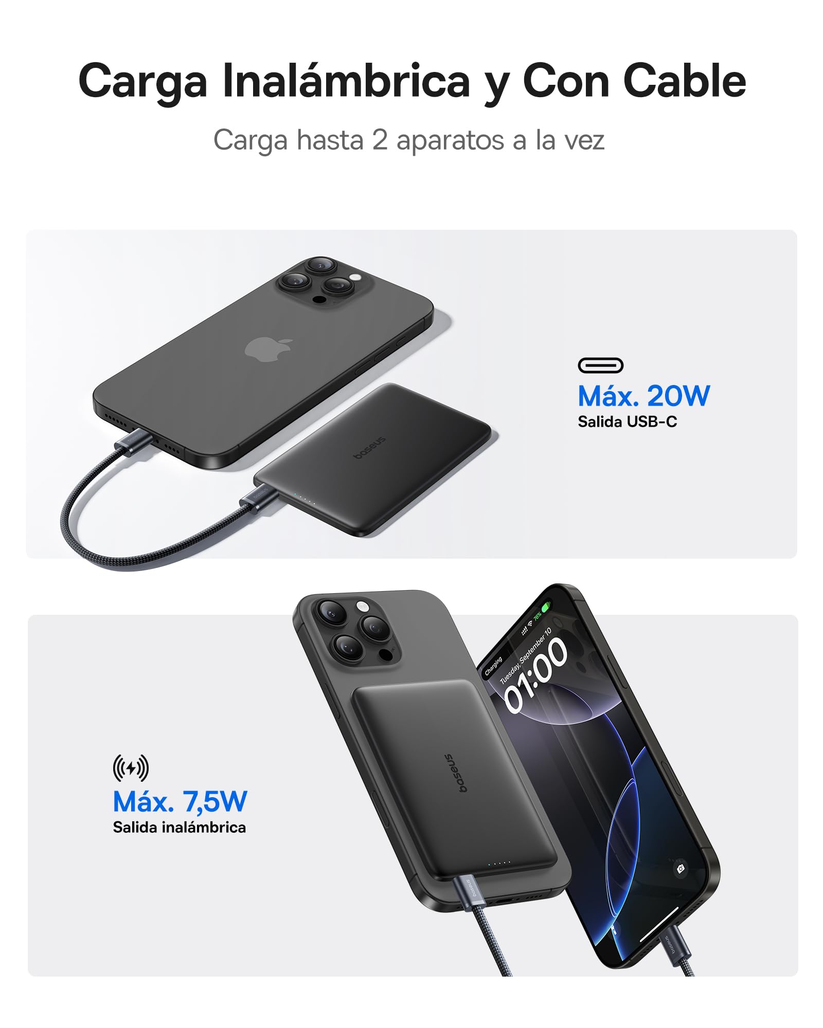 Baseus Picogo AM41 Power Bank, Ultra Slim 5000mAh Magsafe Powerbank, PD 20W de Carga Rápida, Portátil, Mini Bateria Externa Magnética con Cable USB C para iPhone 17/16/15/14/13/12, Negro