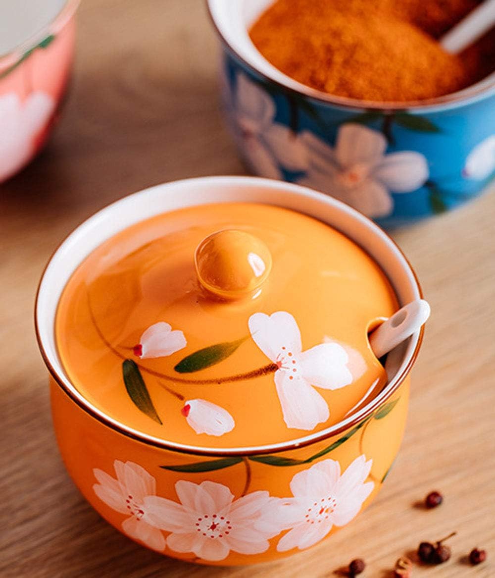 Hand-painted Flower Ceramic Seasoning Jar Condiment Pot Sugar Bowl with Lid and Spoon-Orange