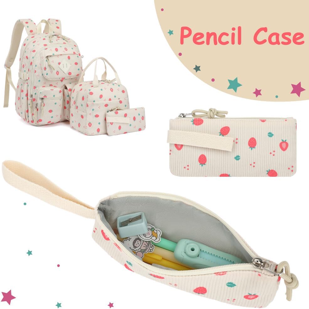 Corduroy 3-Piece Backpack Set for Girls Boys School Bookbag, Kids Backpacks with Lunch Box and Pencil Case (Ages 8-18)-Strawberry - Image 4