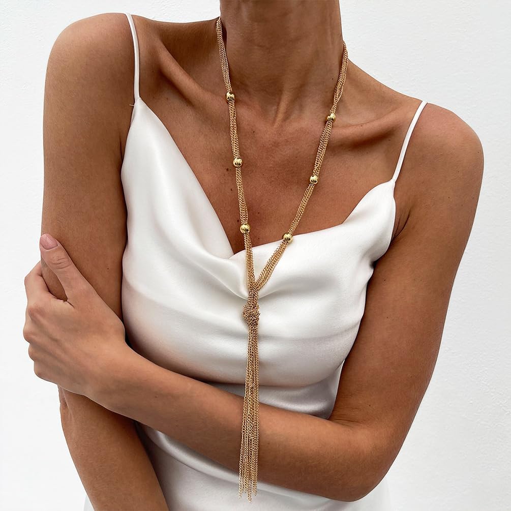 Dainty Long Tassel Bead 14k Gold Plated Y Necklace for Women Funky Minimalist Statement Multi-Layer Chain Necklace Unique Prom Party Sweater Accessory