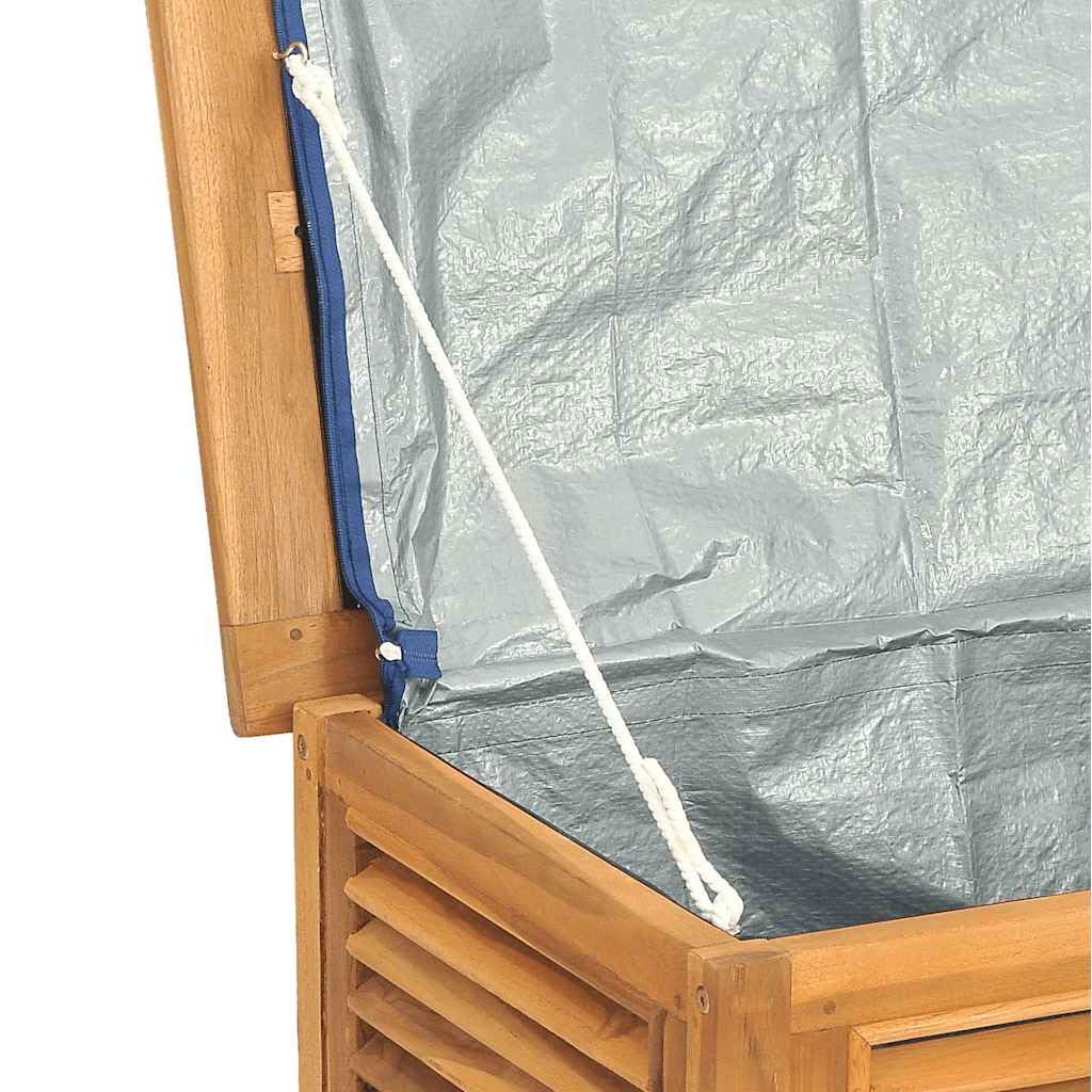 Schowek ogrodowy 114x50x58 cm z litego drewna tekowego | Z wodoodporną torbą PE, wykończeniem na bazie wody, zewnętrznym pudełkiem na narzędzia