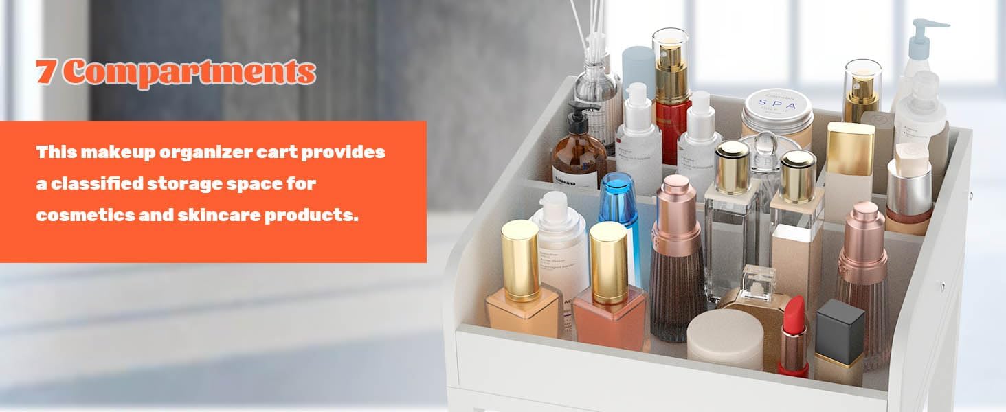 FAHKNS Makeup Organizer Cart, Rolling Floor Organizer Cart with 2 Drawers, Versatile Vanity Organizer for Nail Polish Perfume Brush Hair Tool, White