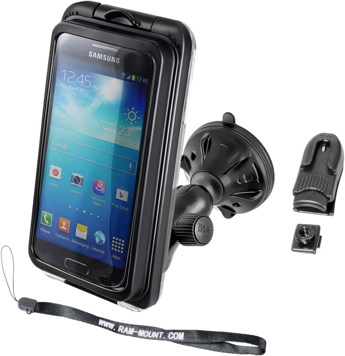 RAM Mounts (RAP-B-166-2-AQ7-2) Small Twist Lock Suction Cup Mount with Aqua Box Pro 20 Case, Cradle Clip, Belt Clip, Belt Clip Button and Lanyard for the Iphone 5, 4 and 3 with Or without Case, Skin Or Sleeve