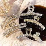 5 Pcs Large Metal Hair Claw Clips Shiny Pearl and Rhinestone Non-Slip No Broken Hair Clamps Cat's ey
