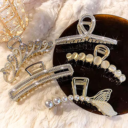5 Pcs Large Metal Hair Claw Clips Shiny Pearl And Rhinestone Non-Slip No Broken Hair Clamps Cat's Eye Opal Stone Hair Hold Clip For Women Thin Hair And Thick Hair #TOP10