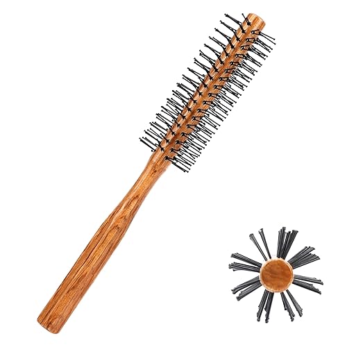 Miniatura 1 de Cepillo redondo con punta de bola con mango de madera y cerdas de nailon para cabello corto, flequillo, barbas de hombres y secado por soplado