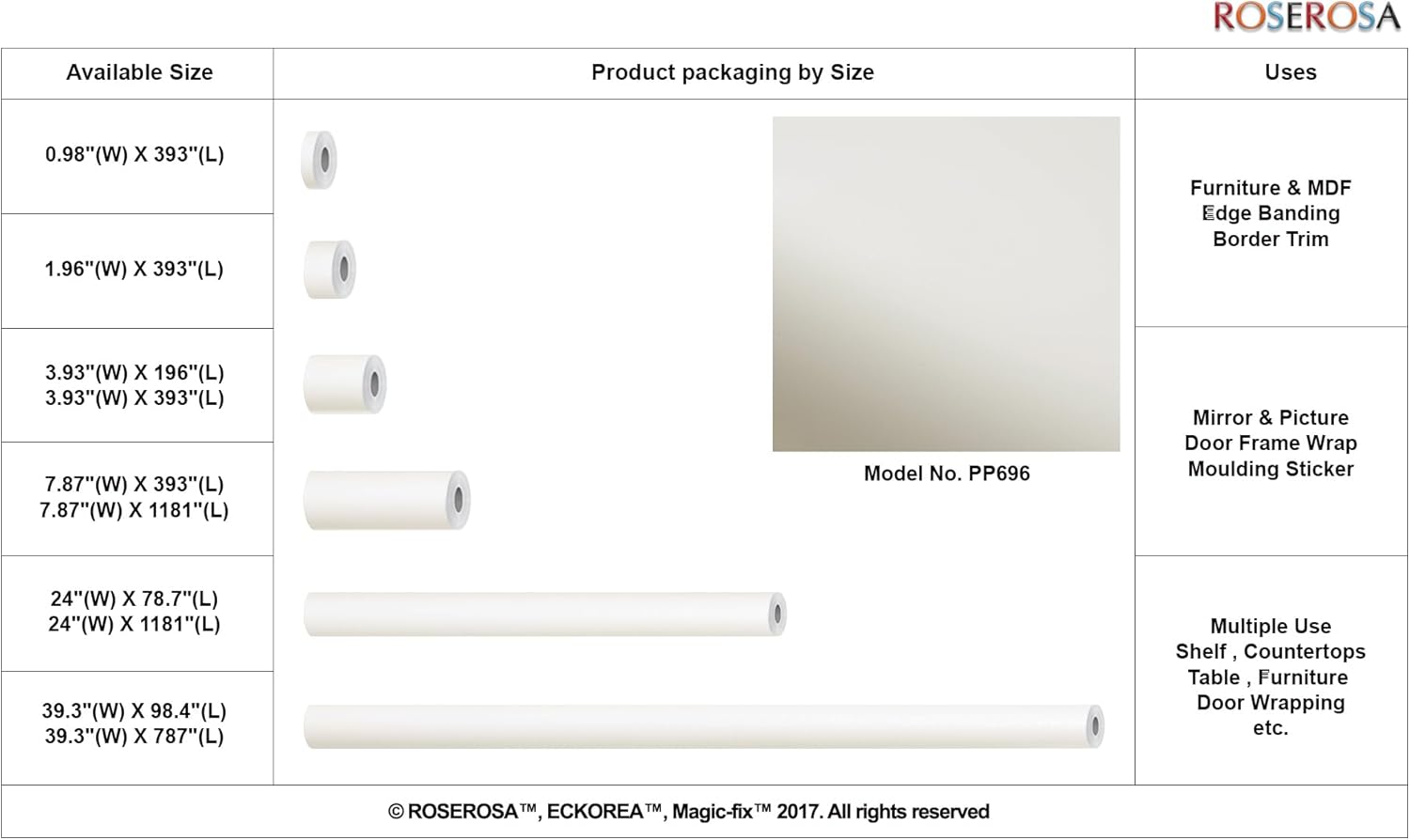 ROSEROSA Peel and Stick Solid Striped Architectural Film Self-Adhesive Vinyl Film Wallpaper Door Wrap Counter Top Border Mirror Molding Trim PP696