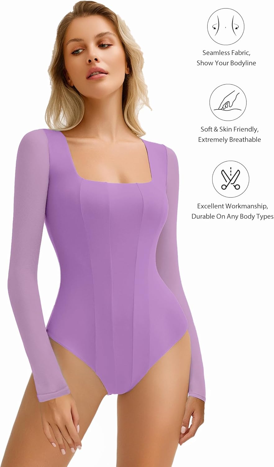 Avidlove Women's Long Sleeve Bodysuits Square Neck One Piece Body Suit Mesh Leotard Tops Double Lined Soft (Lilac, L) - Image 2