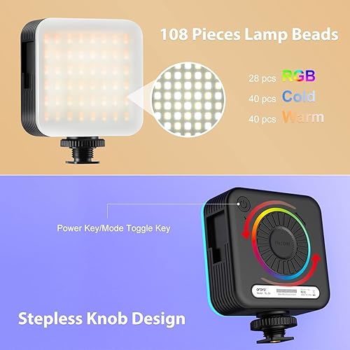 Miniatura 2 de ORDRO Luz de video LED RGB SL-50, mini luz de cámara LED con 108 LED, 3 soportes de zapata fría de 2200 mAh CRI recargable 95+ 2700-6500K para