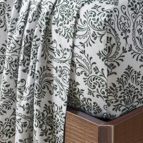 Image of Tahari Home Queen Size 4-Piece Bedding Set - 2 Sheets & 2 Matching Pillowcases | Fitted & Flat Sheets | Cozy & Warm Brushed Flannel | Soft & Breathable | Durable & Wrinkle Resistant | Damask Green