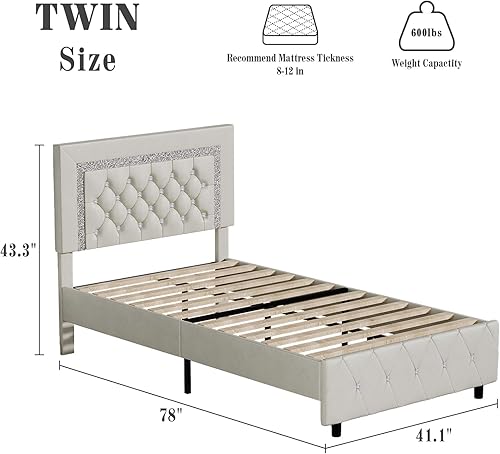 Miniatura 84 de BarnFurin - Base de cama matrimonial con cabecera capitoné, plataforma tapizada con diseño de diamante, base de colchón, soporte de listones de