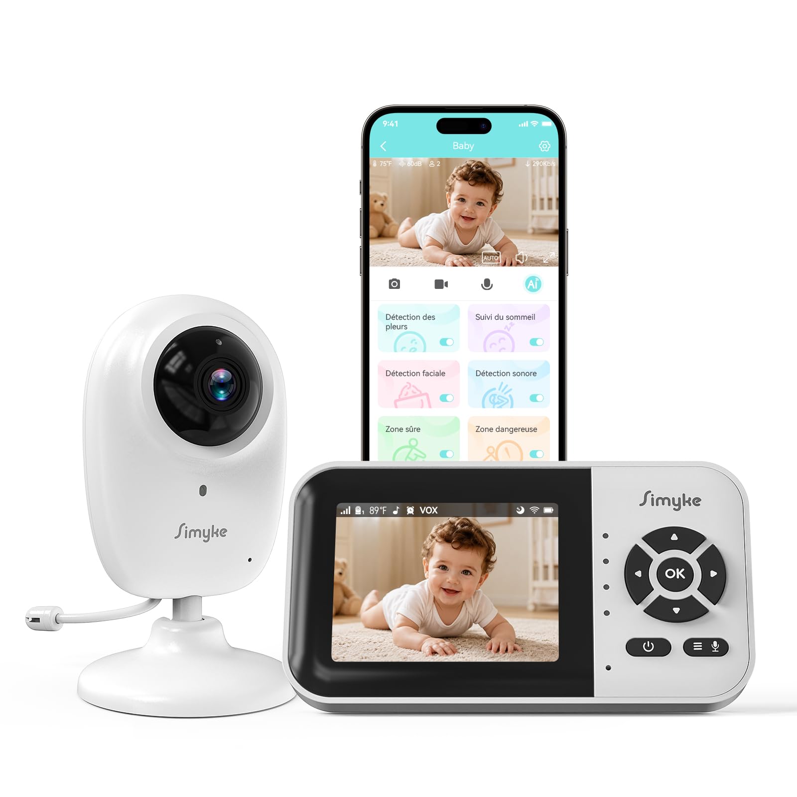 Simyke Babyphone 1080P caméra Double Connexion, écran 2,8" sans WiFi et app Smartphone WiFi 2,4 GHz, Vision Nocturne Nette, Dialogue bidirectionnel, alertes intelligentes, portée 360 m