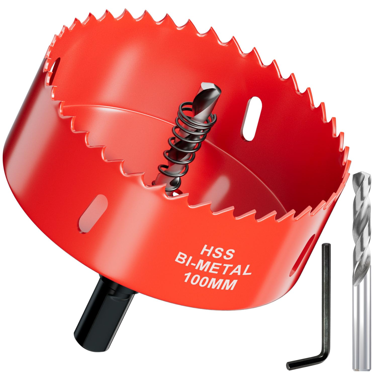 Lochsäge Bohrkrone 100mm aus HSS Bimetall - Hochleistungs Lochfräse und Lochkreissäge mit Dreieckgriffadapter und Zentrierbohrer für Holz, Kunststoffe, Metall, Trockenbauwände, Rigips und Kaminrohre