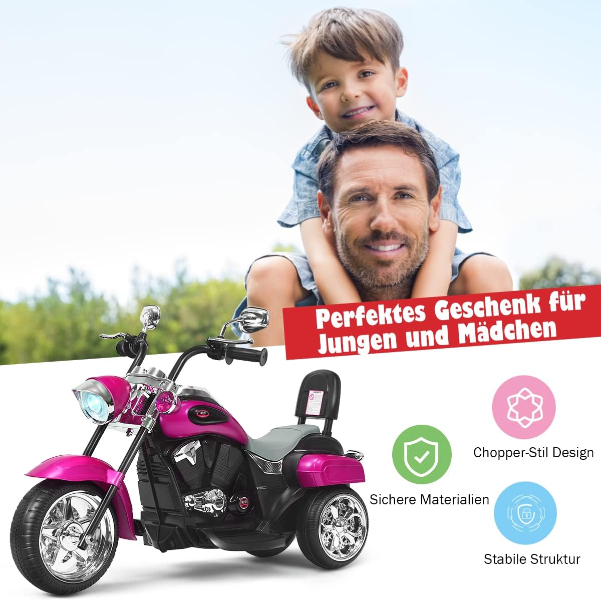 FANTASK Kinder Elektromotorrad mit verstellbarem Scheinwerfer, Dreirad Elektromotorrad mit Sound, Horn, Rückspiegel, Pedalen, Geschwindigkeit 2,5-3 km/h, Rot