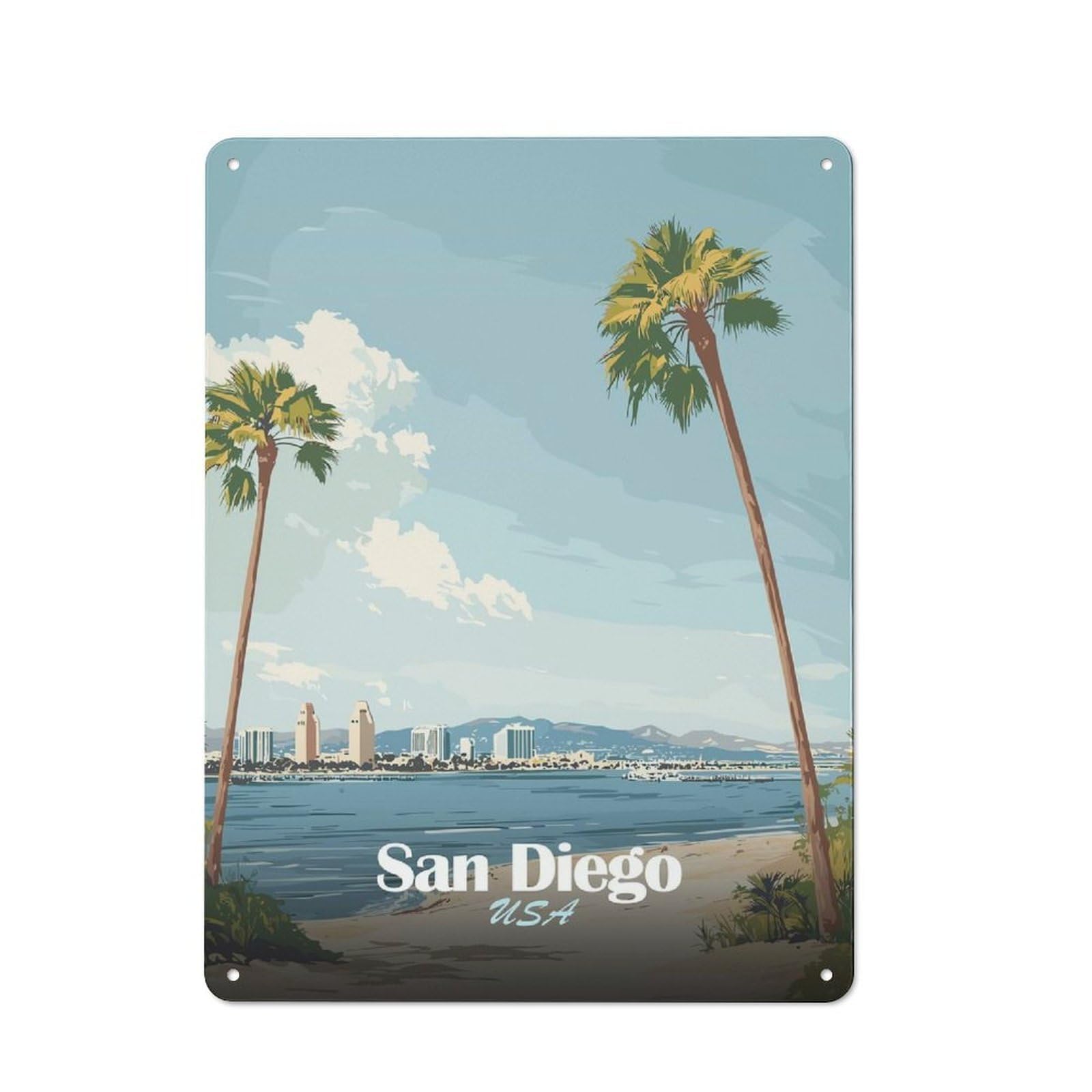 Retro San Diego Palm Tree Skyline Vintage Metal Sign 40x30cm, Room Wall Plaque for Flat, Dorm Room, Lounge Or Cafe