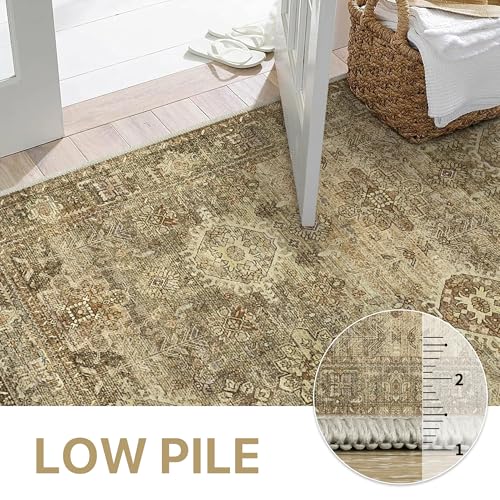 GENIMO 8X10 Area Rugs for Living Room, Machine Washable Non Slip Vintage Floral Patchwork Rug, Thin Low Pile Chenille Carpet Rugs for Bedroom, Dining Room, Straw