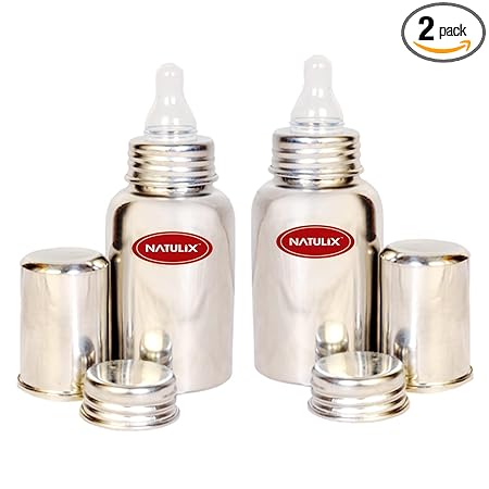 NATULIX Stainless Steel 2 in 1 Feeding Bottle | Milk Bottle for Kids & New Born Baby with an Additional Travel Cap & 100% Plastic Free (220 ML) (Set of 2)