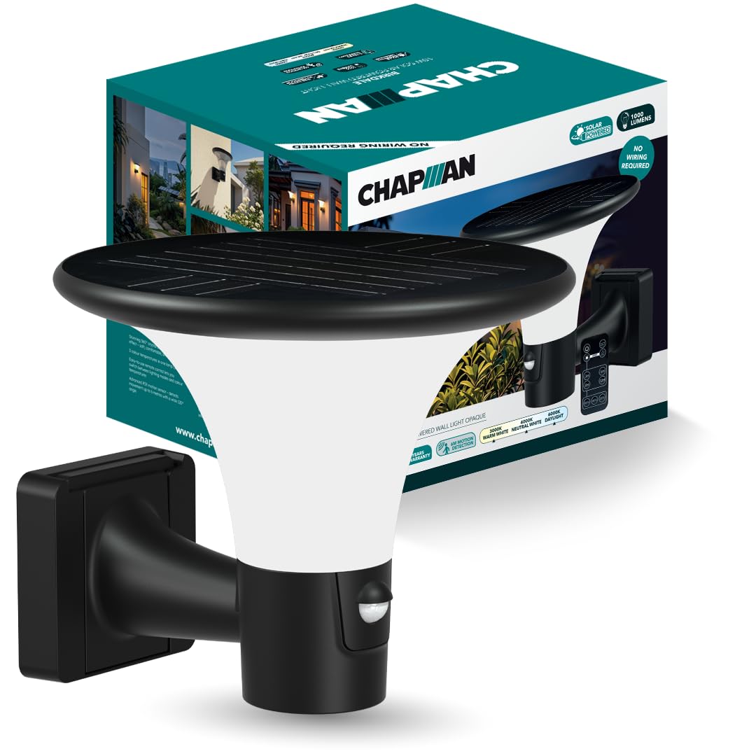 Chapman Birkdale 10W LED Solar Lights Outdoor Garden, 1000lm IP65 Waterproof Wall Lights with Motion Sensor, Remote Control, 3CCT 3000K/4000K/6000K Solar Security Light, Black (Opal)