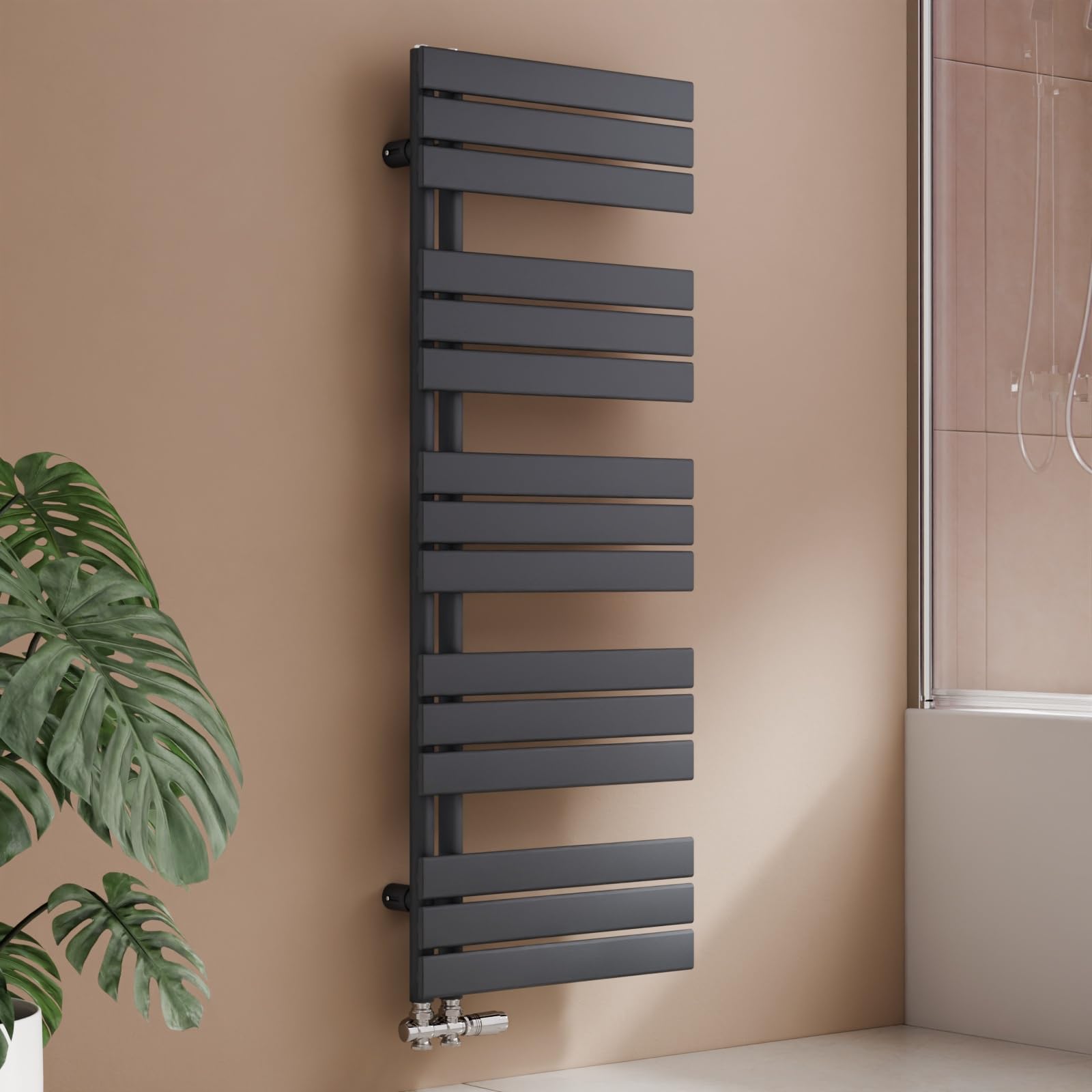 S'AFIELINA Design Badheizkörper Handtuchheizkörper Anthrazit Flach Paneel mit Mittelanschluss 1320x500mm Heizkörper für Bad 695W,Handtuchtrockner für Zentralheizung, Anthrazit (Ohne Thermostatventil)