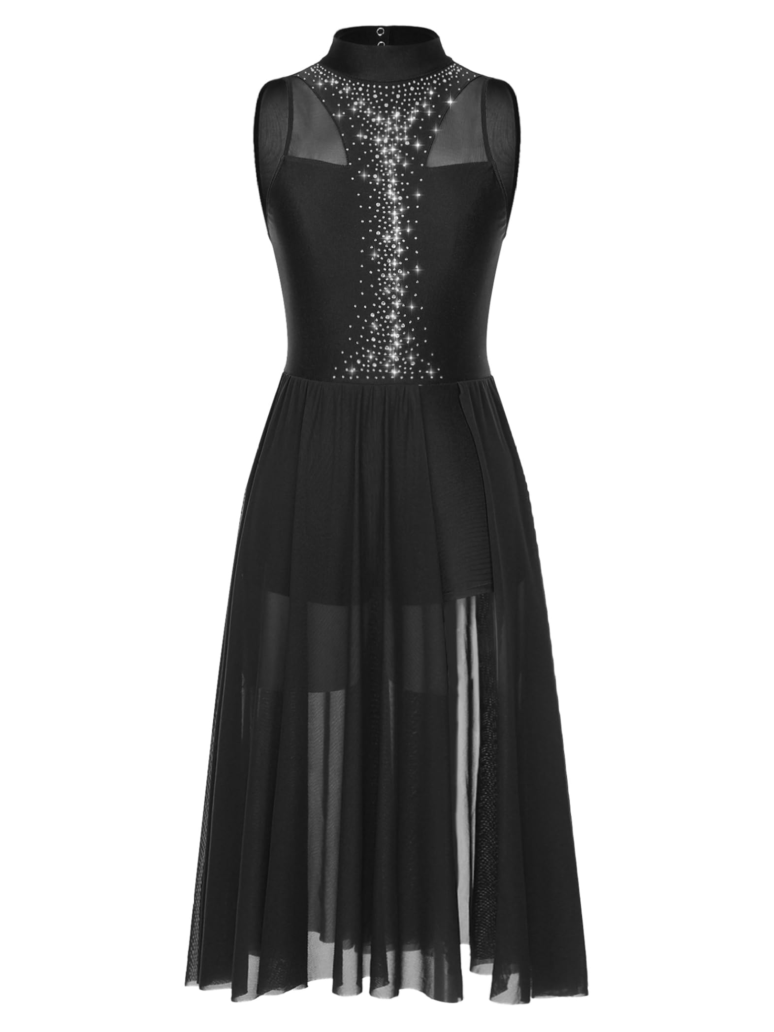 Sinleey Women Lyrical Dance Costume Modern Contemporary Ballet Dancewear Mock Neck Mesh Flowy Dress