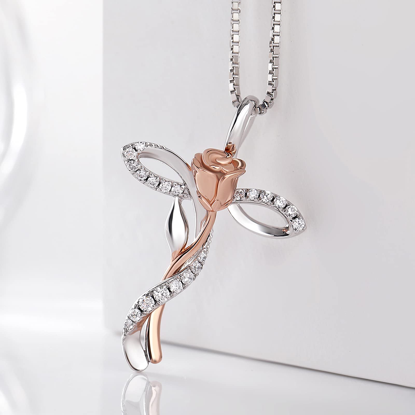 JiaYang Rosen Kreuz Halskette Damen Rose Blume Kreuz Anhänger Halskette Silber 925 Kreuz Halskette mit Rosen blume Rose Gold Halskette Frauen Religiöse Kreuz Schmuck Christian Rose Kreuz Halsketten