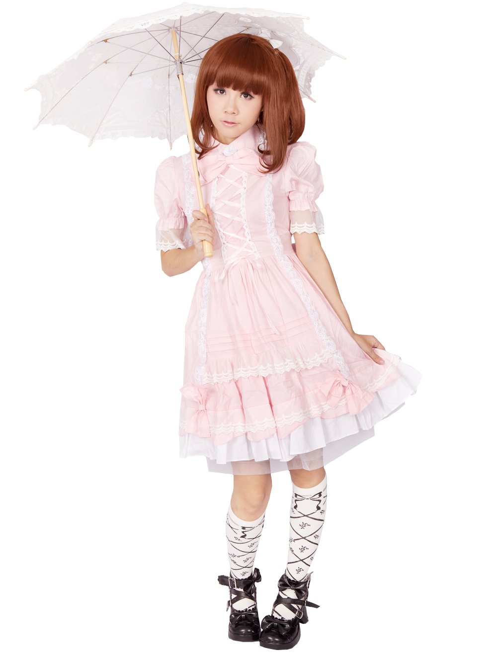 An*Tai*Na* Women's Pink Antaina Cotton Ruffle Lace Bow Sweet Victorian Lolita Cosplay Dress,M