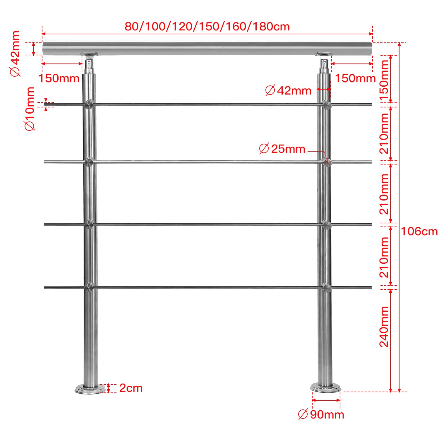 Corrimano in acciaio inox, ringhiera per scale, parapetto, balcone, 180 cm, con 4 barre trasversali Ø 42 mm, per interni ed esterni