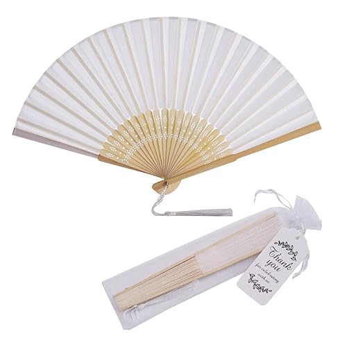 SL crafts 50 Sets Imitated Silk Hand Fan with Tassel and Organza Bags and Thank You Tags Fabric Handheld Folding Fans Bamboo Frame Bridal Dancing Props Wedding Party Favors (White)