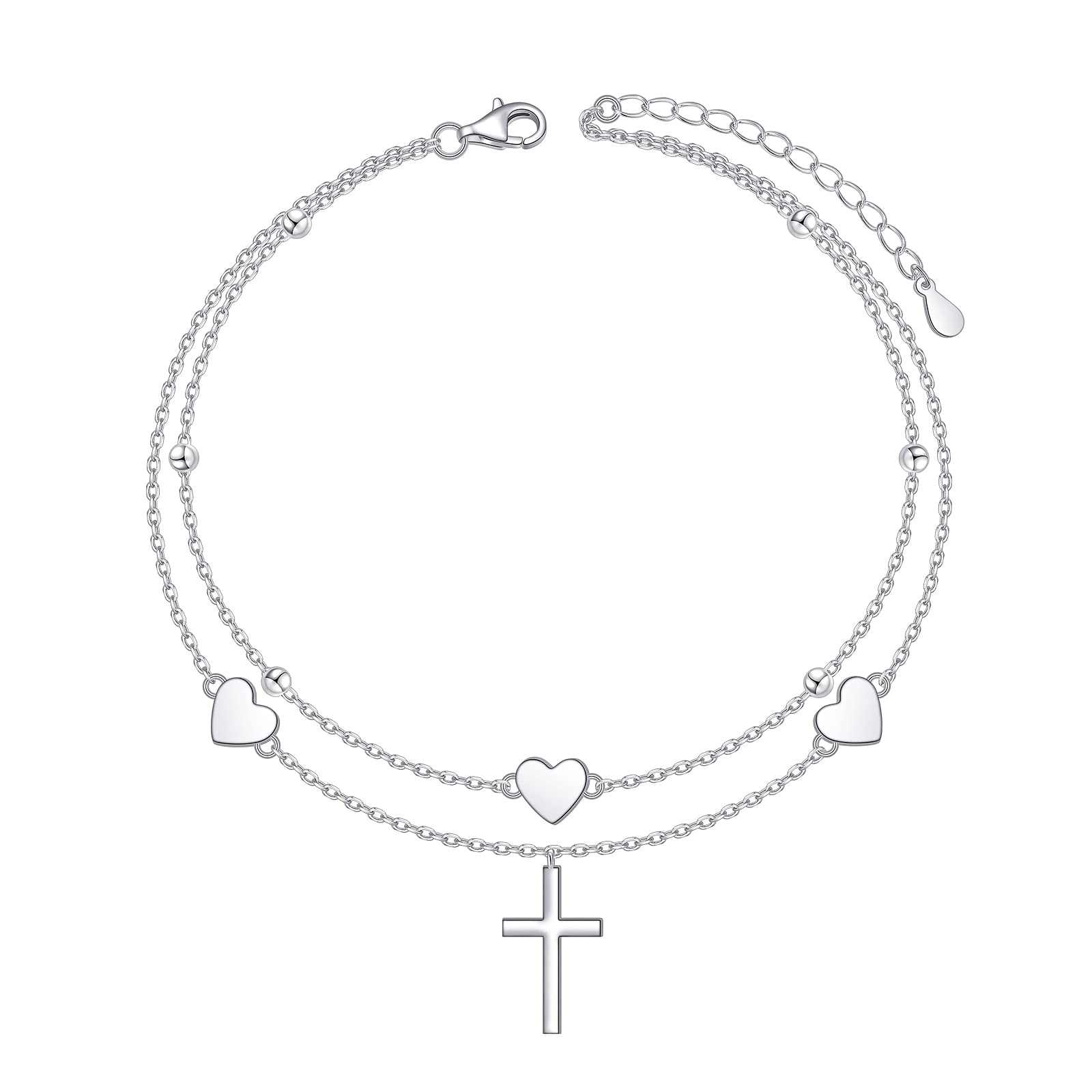 Tobilleras para mujer, de plata de ley 925, pulsera de tobillo con corazón, infinito, cruz, mariposa, tobillera ajustable de doble capa con cuentas, regalo para mujeres, adolescentes y niñas, 8