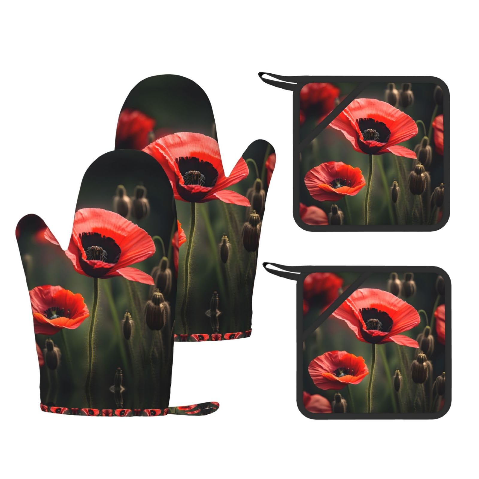 Maniques en silicone antidérapantes avec doigts motif coquelicot lot de 4 pièces