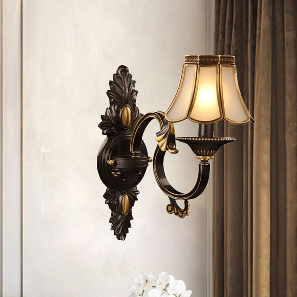 HPTHLY European Wall Lamp Vintage Rustic Wall Sconce Lighting Fixture Antique Bronze With Trumpet Glass Shade, American Style Farmhouse Brushed Brass Wall Sc