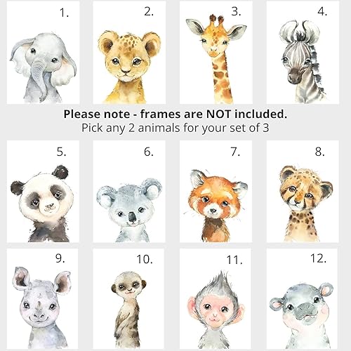 Miniatura 10 de Juego de 3 pósteres de animales de safari para niños, habitación del bebé, sin marco, con nombre personalizado, corbatín azul, verde, amarillo,