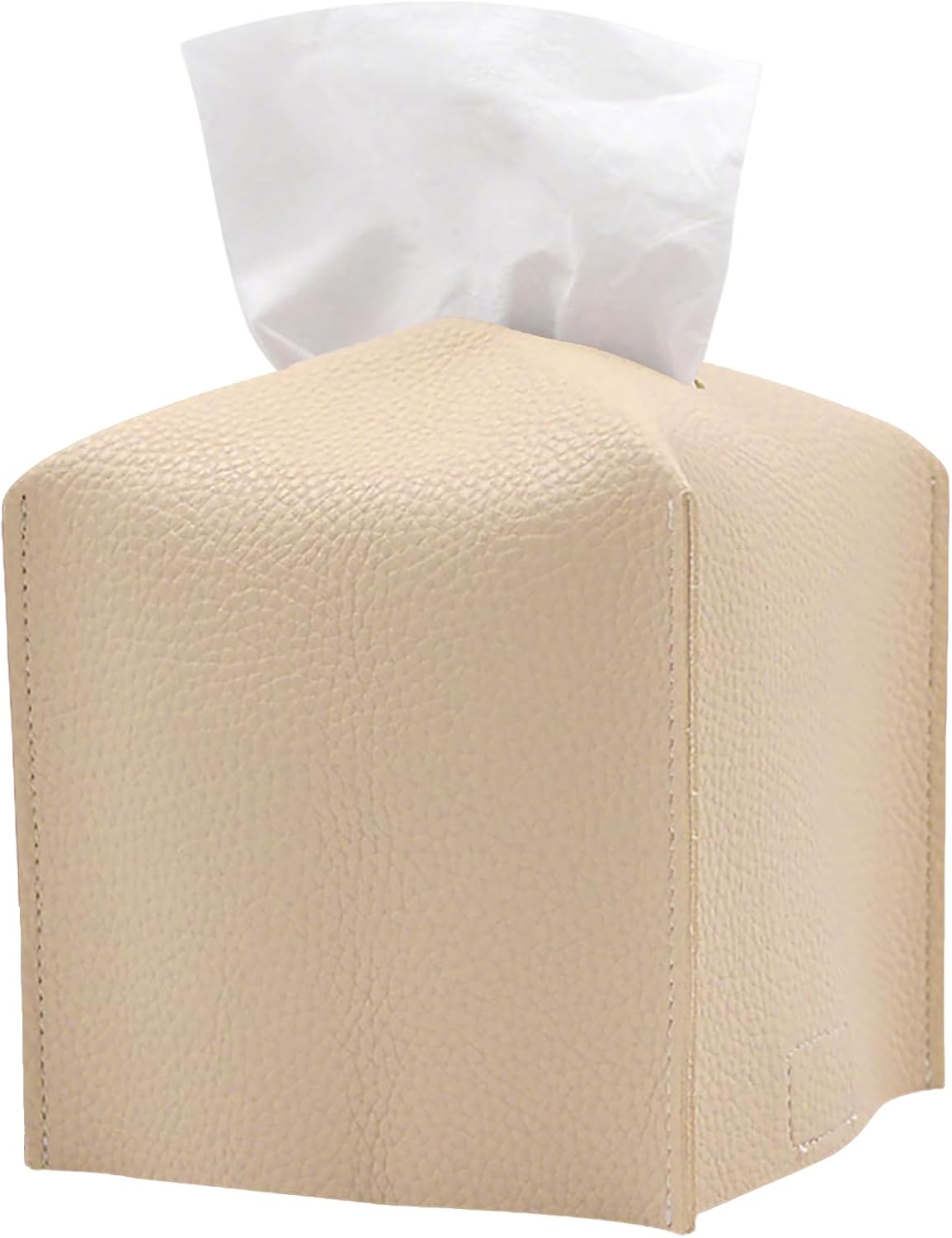 1PC Square Tissue Box Cover, PU Leather Square Tissue Box Holder with Bottom Belt Modern Tissue Box Organizer for Bathroom/Car/Hotel/Office (5.25”x5.25”x5”, Beige)