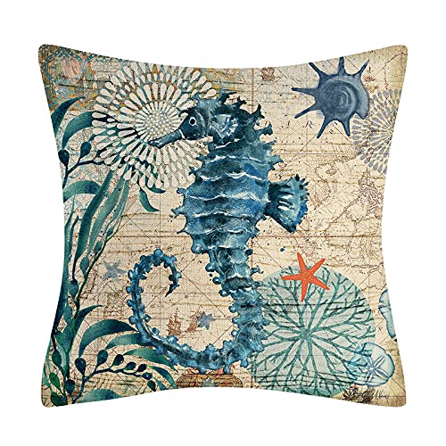 Vgzsyomqib Seaside Theme Cushion Covers Soft 18x18 Inches (45x45 cm) Ocean Sea Life Pillow Cases (No Insert) Decorative Square Sofa Throw Pillow Cover Home Garden Outdoor Set of 4 Beige Blue