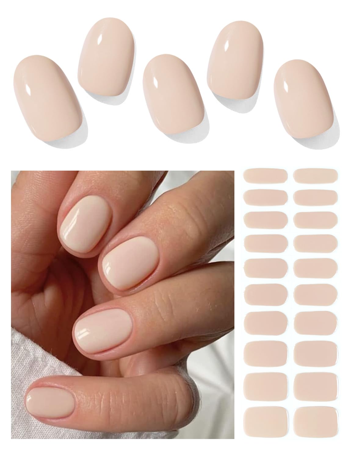 Wahrshei N Nude Semi Cured Gel Nail Strips, 20pcs UV Gel Nail Wraps for Home Nail Art DIY, Easy to Use and Remove