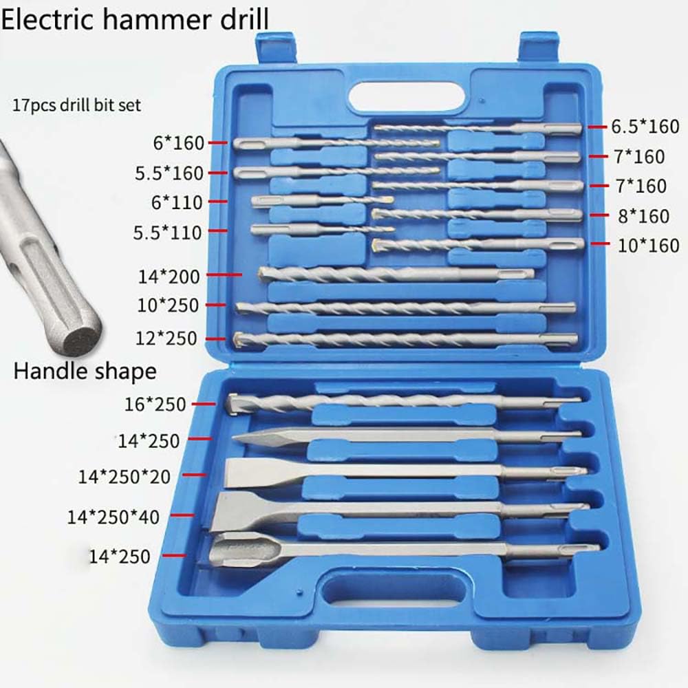 Juego de 17 brocas SDS, juego de brocas de martillo mixto y cincel con estuche de almacenamiento, accesorios de taladro de martillo giratorio para hormigón, azulejos, ladrillo, cemento (azul)