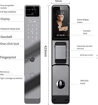 3D Face Recognition Smart Door Lock With Camera, Keyless Entry Door Locks, Fingerprint/Passcodes/IC Card/APP, Indoor Screen And Video Doorbell Function