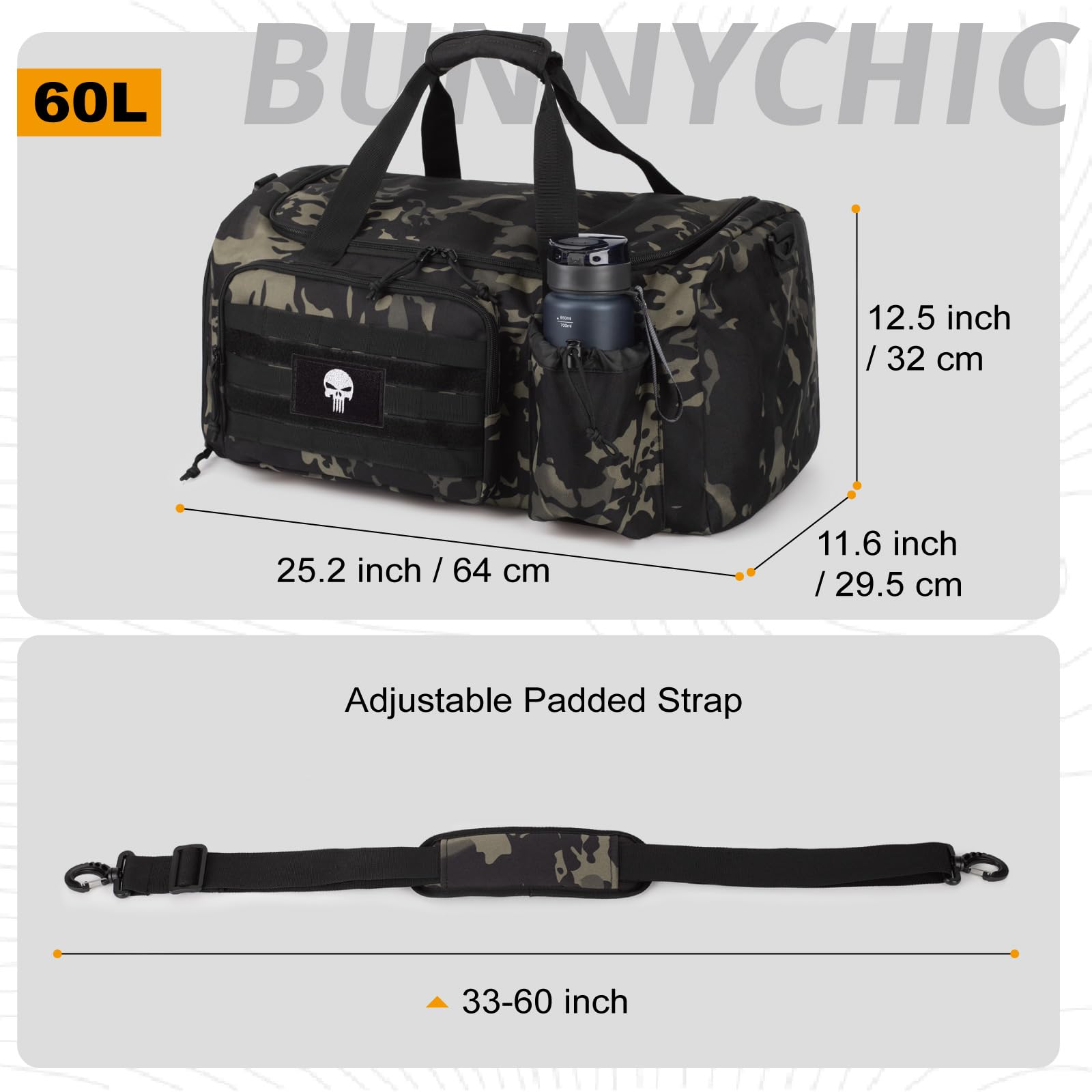 Sac de Sport Tactique 60L pour Homme – Grand Sac Multifonction avec Compartiment à Chaussures et Poche Humide, idéal pour Le Sport, Les Voyages, Le Camping et la randonnée.