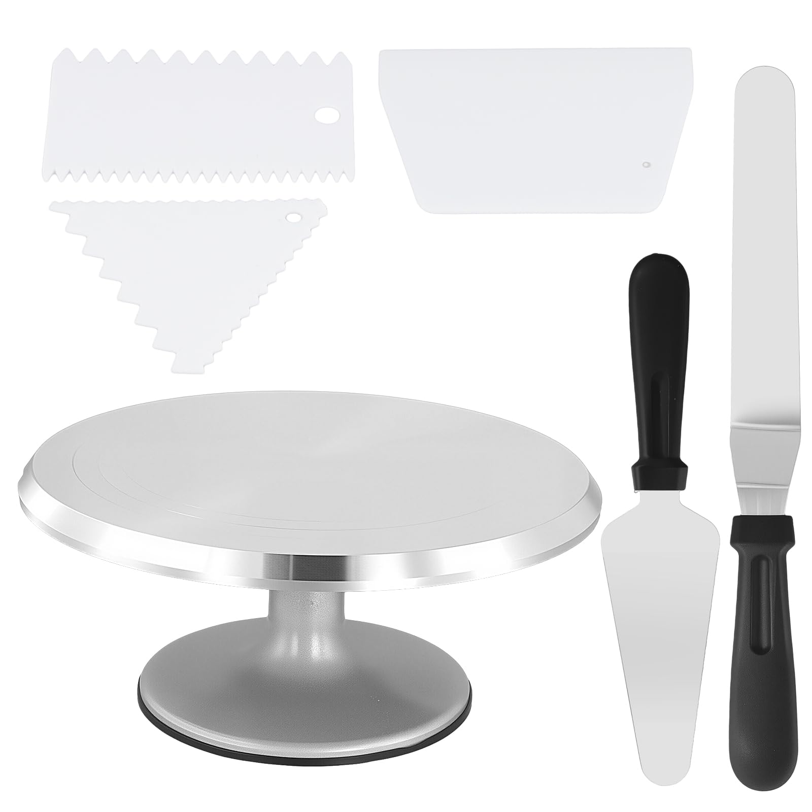Plato Giratorio de Aleación de Aluminio para Tartas, 30,7 cm, Set de 6 Piezas con 3 Espátulas y 2 Cuchillos
