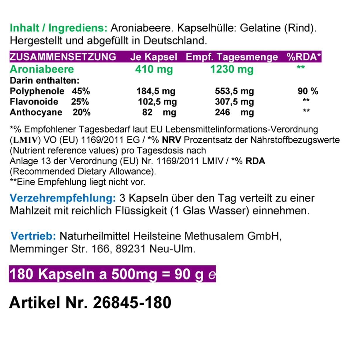 ARONIA PUR 180 Kapseln Aroniabeeren IMMUNSYSTEM + ABWEHKRÄFTE OPC Cell(Zellschutz) Antioxidantien - Polyphenole Anthocyane Flavonoide - NATUR PUR [OHNE ZUSATZSTOFFE] 26845-180